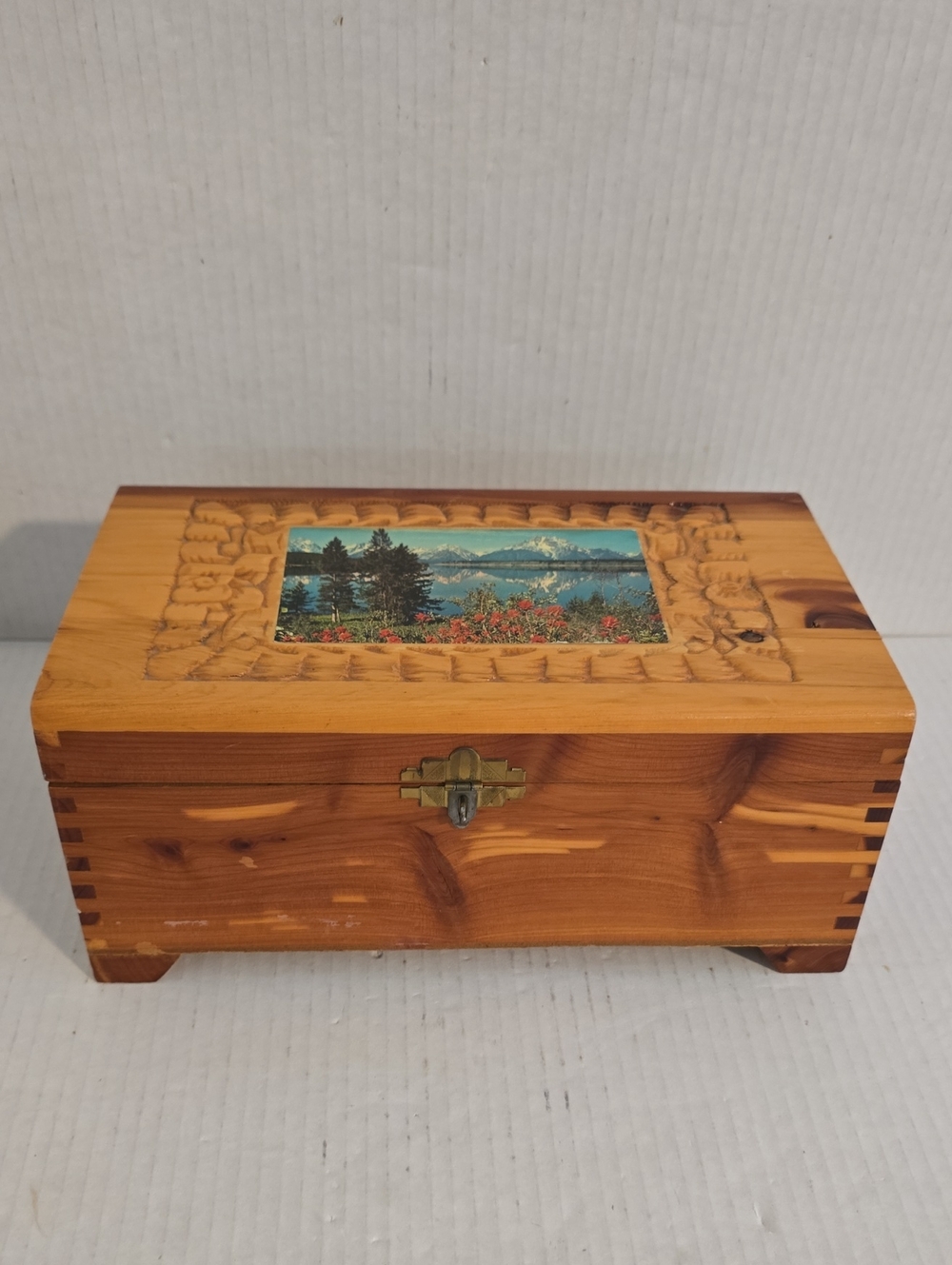 Vintage 1970s Cedar Wood Box With Mirror on Inside Lid